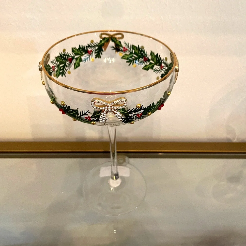 Christmas COUPE GLASSES Hand Painted & Jeweled Gold Bows Holly Garland Set of 2